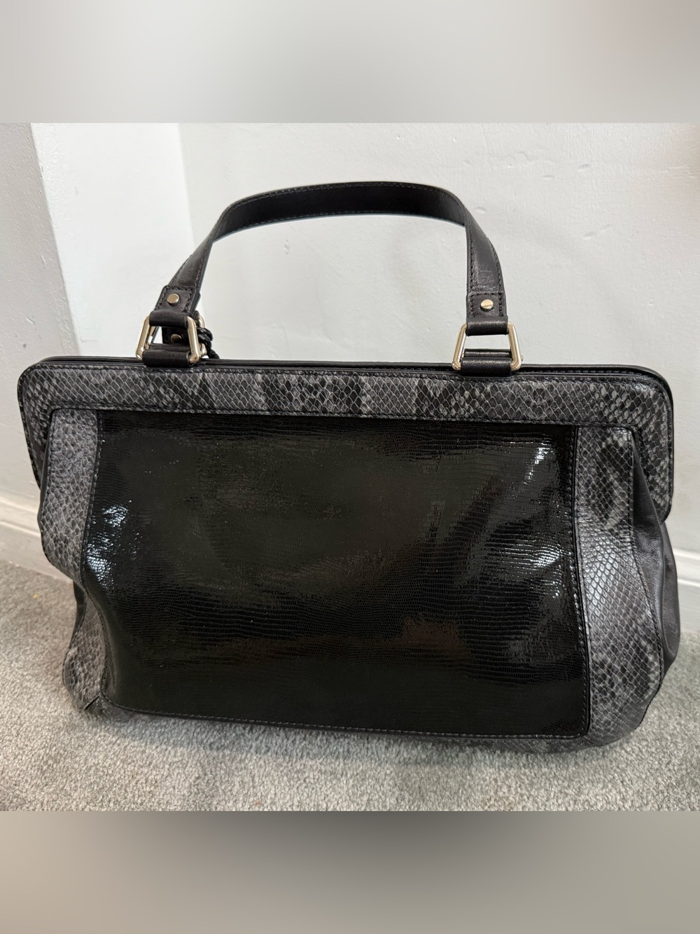 Cole Haan Black "Gracie Hayden Satchel" Handbag Purse - Snakeskin - vintage 90s - Picture 2 of 9